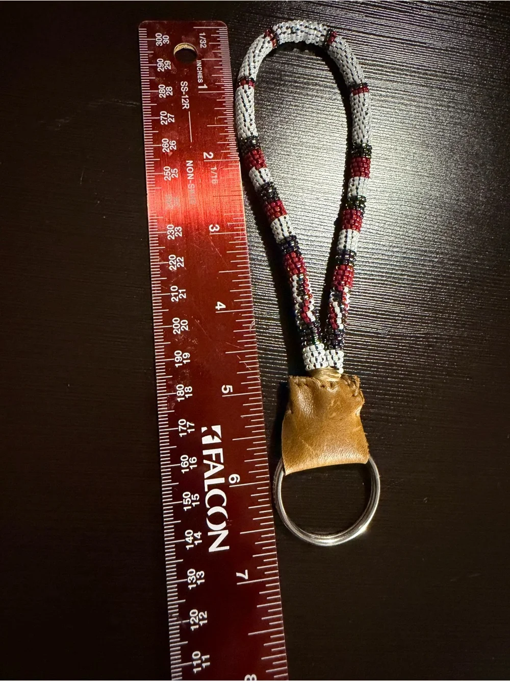 Beaded Wrist Keychain - Red, White & Black with Tan Leather Accent